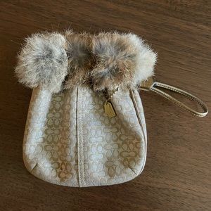 Coach Metallic Drawstring Wristlet with Rabbit Fur, Gold Hardware, Pink Lining